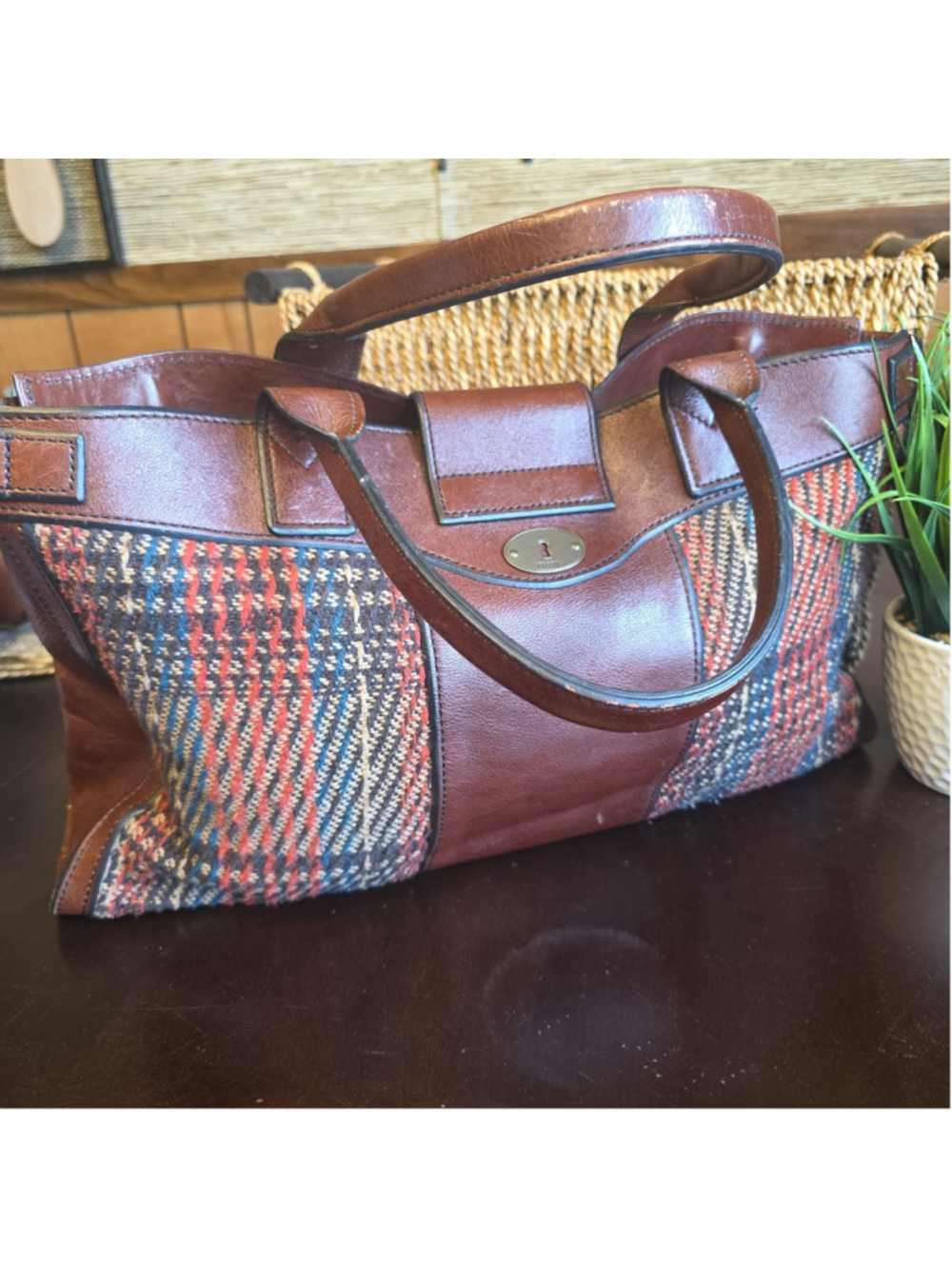 Fossil Leather Vintage And Tweed Satchel Shoulder Tote Bag - Picture 6 of 9